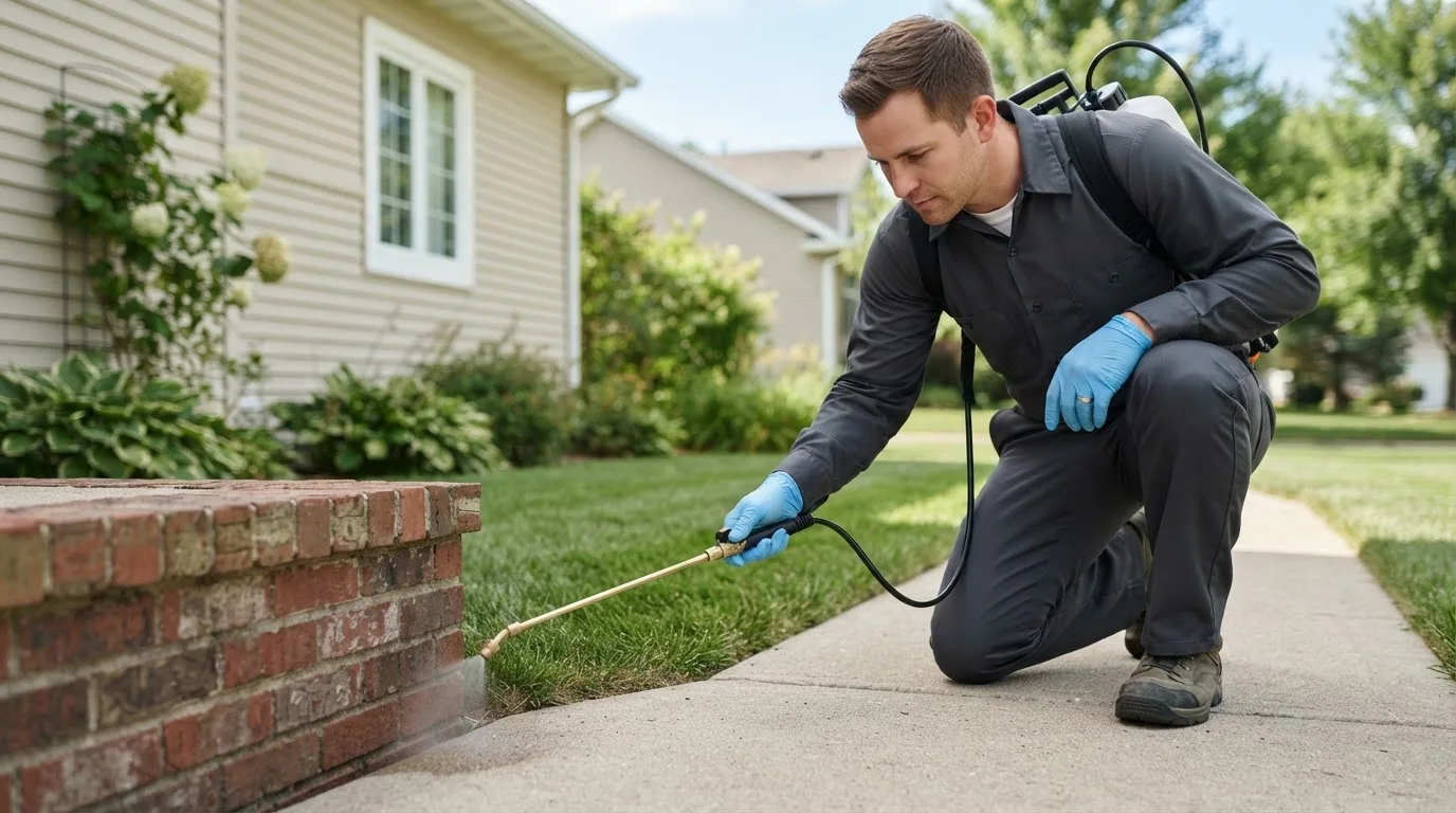 Pest control technician treating a home near Leeton, MO