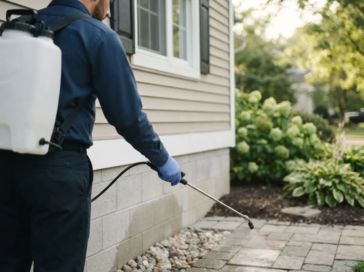Pest control technician inspecting a home in Leeton, MO